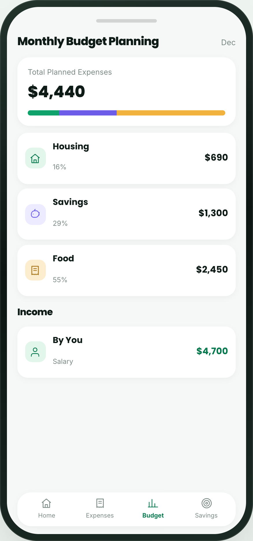 WeBudget monthly budget planning screen showing total planned expenses, housing, savings, food and income