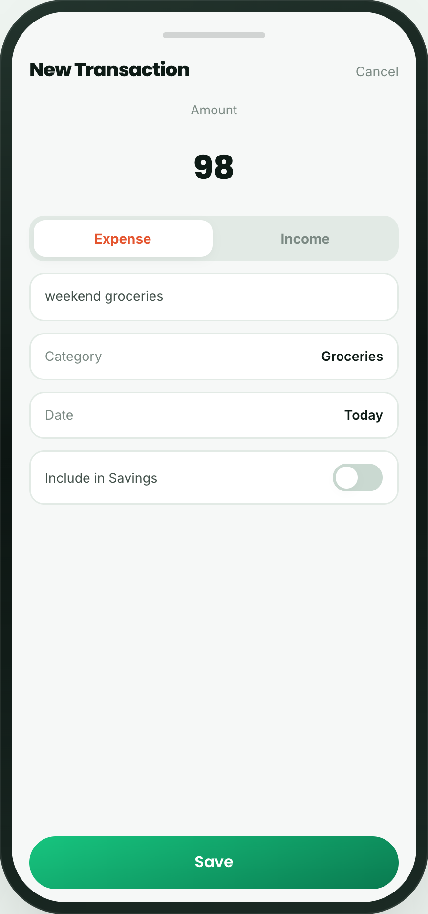 WeBudget new transaction screen with an amount, expense toggle, category and notes